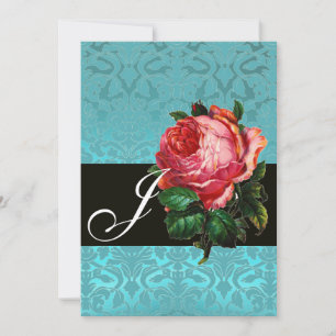 MOOIE ROZE ROOS  BLAUWE ZWARTE DAMAST MONOGRAM KAART