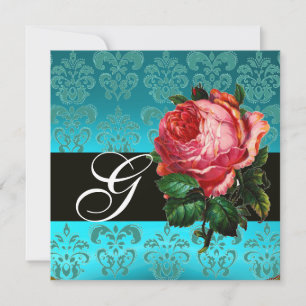 MOOIE ROZE ROOS BLAUWE ZWARTE DAMAST MONOGRAM KAART