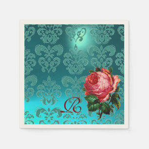 MOOIE ROZE ROOS, BLAUWGROEN BLAUW DAMASK MONOGRAM SERVETTEN
