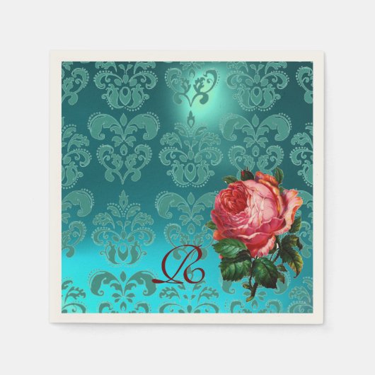 MOOIE ROZE ROOS, BLAUWGROEN BLAUW DAMASK MONOGRAM SERVETTEN (Voorkant)