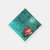 MOOIE ROZE ROOS, BLAUWGROEN BLAUW DAMASK MONOGRAM SERVETTEN (Hoek)