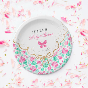 Mooie Roze Roos Bloem Gouden Lint Baby Shower Papieren Bordje