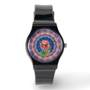 MOOIE ROZE ROOS IN PSYCHEDELISCHE KRINGEN HORLOGE