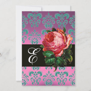 MOOIE ROZE ROOS SERING BLauw DAMAST MONOGRAM Kaart