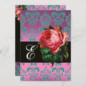 MOOIE ROZE ROOS SERING BLUWE DAMAST MONOGRAM KAART (Voorkant / Achterkant)