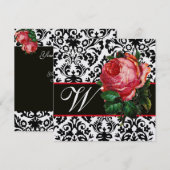 MOOIE ROZE ROOS  ZWART WIT  DAMAST MONOGRAM KAART (Voorkant / Achterkant)
