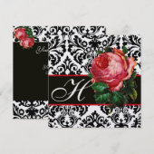 MOOIE ROZE ROOS ZWART WIT DAMAST MONOGRAM KAART (Voorkant / Achterkant)