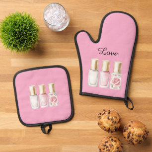 Mooie Roze Roze Bloem Nagellak Ovenwant & Pannenlap Set