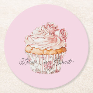 Mooie Roze Rozen Bloemige Cupcake Bruidsmeisjesfee Ronde Kartonnen Onderzetter