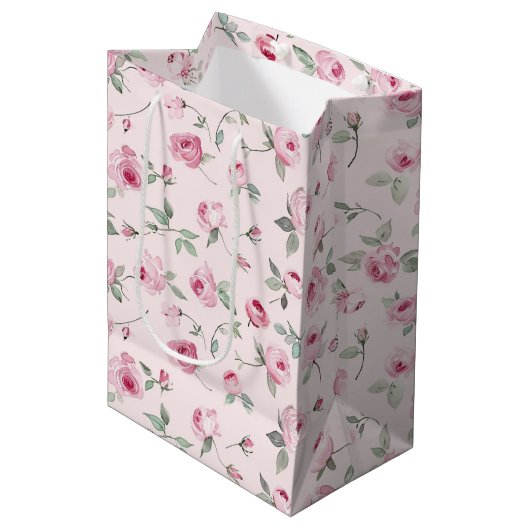 Mooie Roze Rozen Bloemrijke Bruidsdouche Medium Cadeauzakje (Voorkant Gekanteld)
