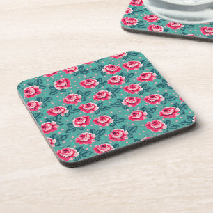 Mooie Roze Rozen en Stippenpatroon op Teal Bier Onderzetter