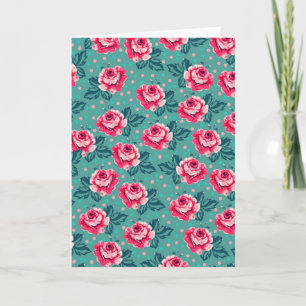 Mooie Roze Rozen en Stippenpatroon op Teal Kaart