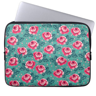 Mooie Roze Rozen en Stippenpatroon op Teal Laptop Sleeve