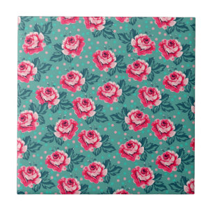Mooie Roze Rozen en Stippenpatroon op Teal Tegeltje
