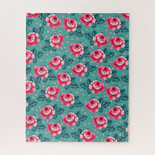 Mooie Roze Rozen en Stippenpatroon op Turquoise Legpuzzel
