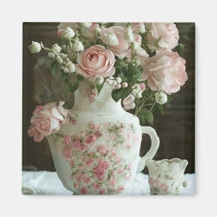 Mooie roze rozen in antieke Chinese theepot Magneet
