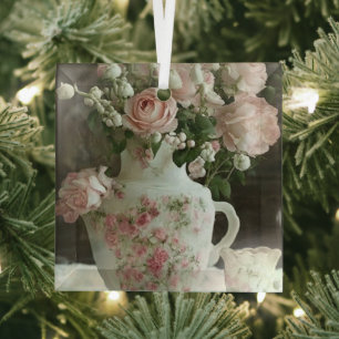 Mooie roze rozen in een antieke Chinese theepot Glas Ornament