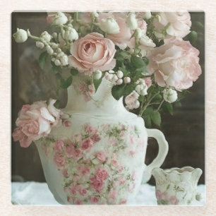 Mooie roze rozen in een antieke Chinese theepot Glazen Onderzetter