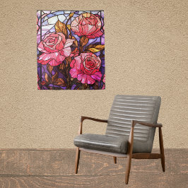 Mooie Roze Rozen Tuin Gebrandschilderde Glas Uitzi Wandkleed