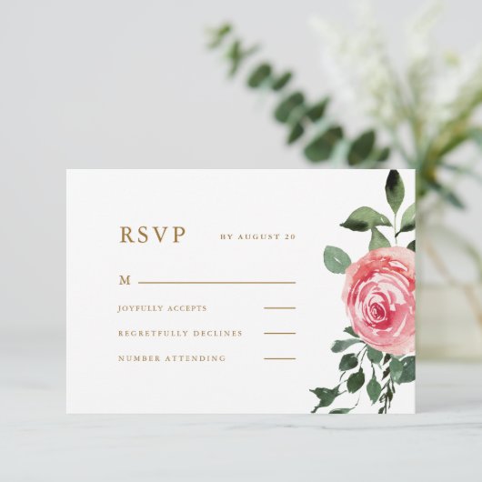 Mooie roze rozenweddenschap RSVP kaartje (Staand voorkant)