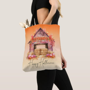 Mooie Roze Schuur en Pompoenen Oranje Halloween Draagtas