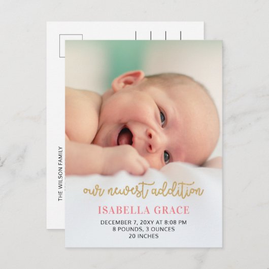 Mooie Roze Scriptie Foto Geboorteaankondiging Baby Aankondigingskaart (Voorkant / Achterkant)