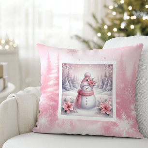 Mooie Roze Sneeuw Scene Kussen Zoete Sneeuwman