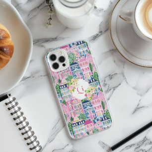 Mooie Roze Stadsgezicht Bloemige Initiële Monogr iPhone 16 Pro Max Hoesje