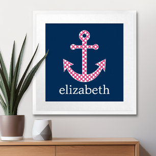 Mooie Roze Stip Anker met Marineblauwe Aangepaste Poster