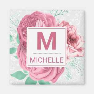Mooie Roze Tuinrozen Monogram Magneet