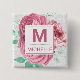 Mooie Roze Tuinrozen Monogram Vierkante Button 5,1 Cm