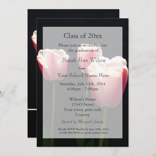 Mooie roze tulp bloemen afstudeer aankondiging (Voorkant / Achterkant)