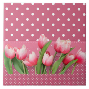 Mooie roze tulpen en roze en witte stippen tegeltje