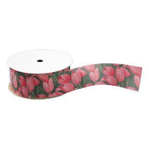 Mooie Roze Tulpentuin Aquarel Bloemstuk Kunst Grosgrain Lint