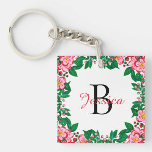 Mooie Roze Vintage Bloem Frame Monogram Sleutelhanger
