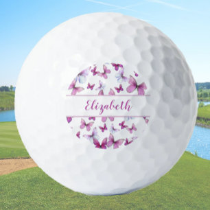Mooie roze vlinder met op maat gemaakte naam dames golfballen