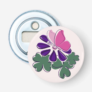 Mooie roze vlinder Paarse bloem Doodle Button Flesopener