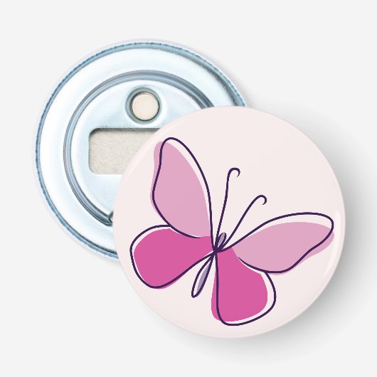 Mooie roze vlinderdoedel button flesopener (Voorkant)