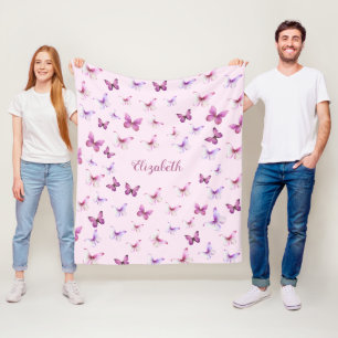 Mooie Roze Vlinders Aangepaste Naam Fleece Deken