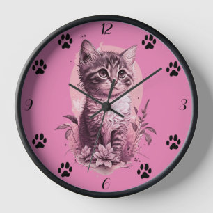 Mooie Roze Wandklok met Zwarte Katpoot voor Katten