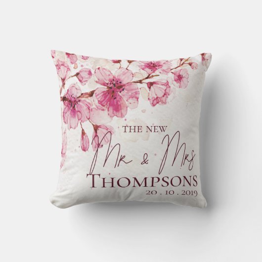 Mooie Roze Waterverf Bloem Bruidspaar Kussen (Voorkant)