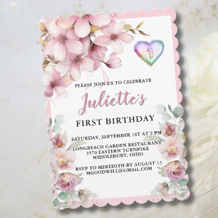 Mooie roze Waterverf Bloemen Eerste Verjaardag Feestdagenkaart