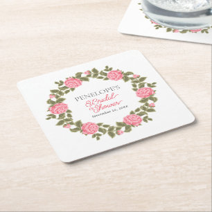 MOOIE ROZE WILDE ROZEN BRUIDSSHOWER NAAM DATUM VIERKANTE KARTONNEN ONDERZETTER