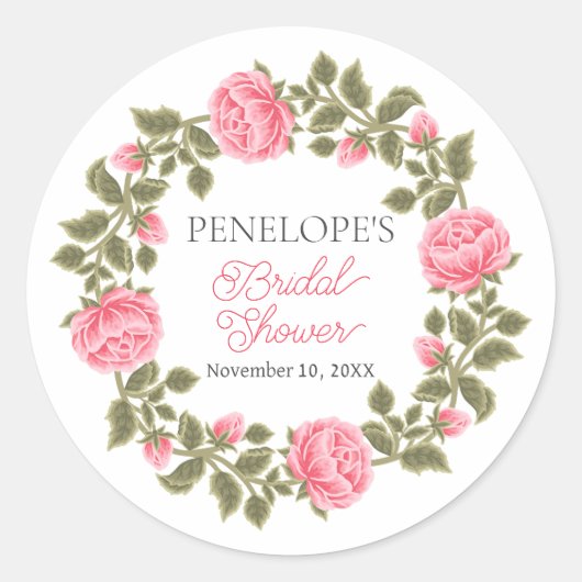 MOOIE ROZE WILDE ROZEN BRUIDSSLUIER NAAM DATUM RONDE STICKER (Voorkant)