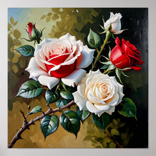 Mooie roze witte rode rozen olieverfschilderij poster