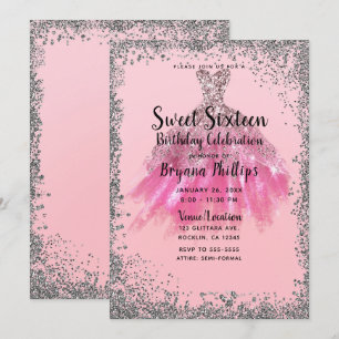 Mooie Roze Zilveren Glitter Feestjurk Sweet 16 Kaart