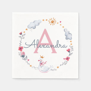 Mooie roze zwaan & zonne bloemenkrans met monogram servet