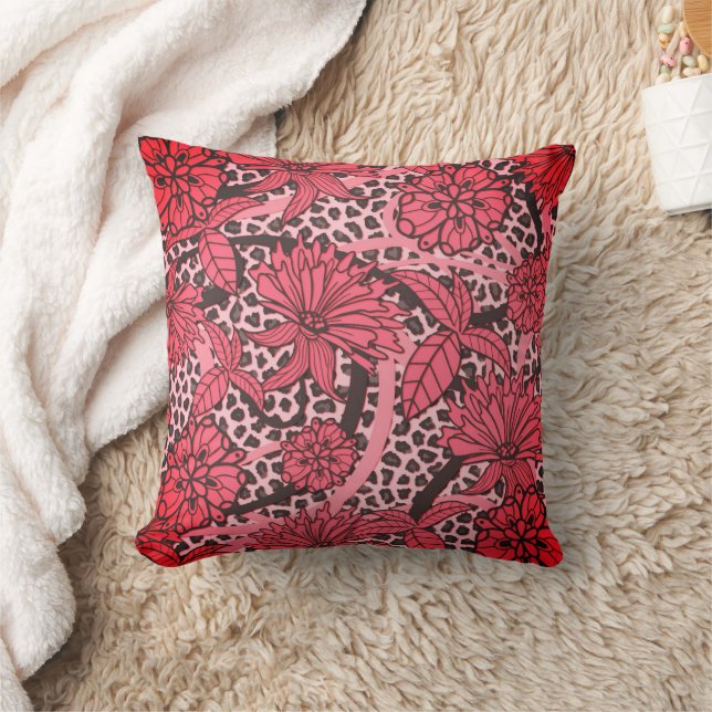 Mooie Roze Zwarte Bloemige Luipaardprint Patroon Kussen (Deken)