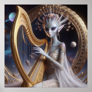 Mooie ruimtebuitenaardse vrouw die harp speelt poster