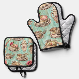 Mooie rustieke blauwe houten keuken illustraties ovenwant & pannenlap set